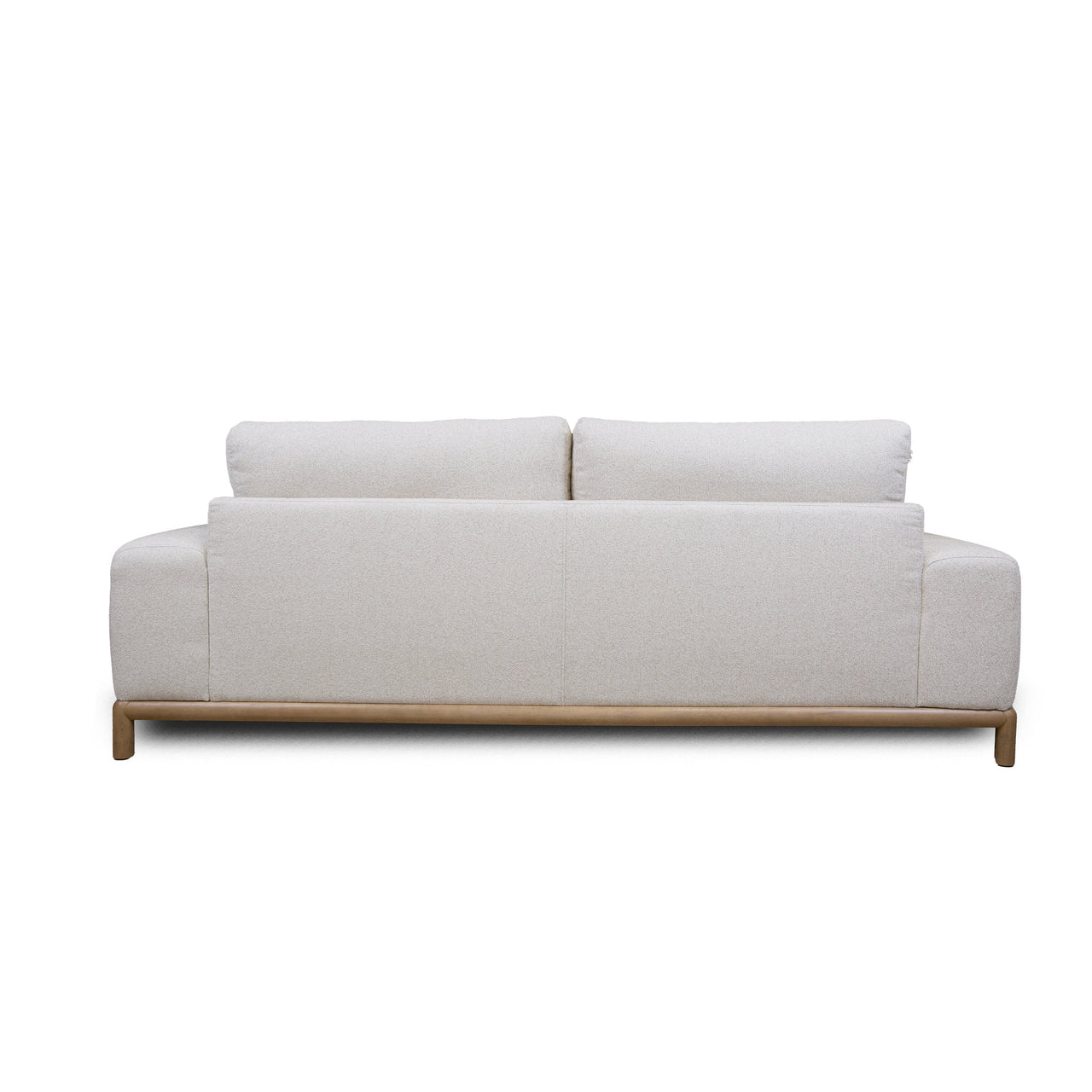 Front view of Mylo 3-seater cream sofa with wood base