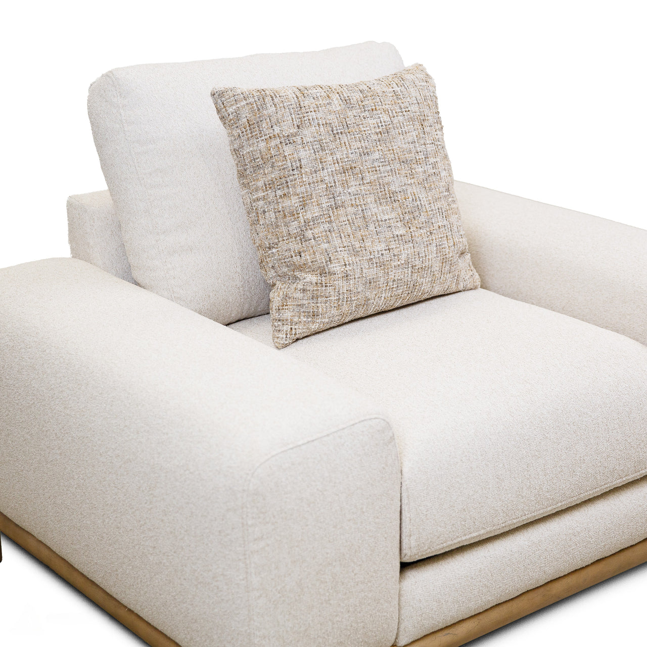 Front view of the Mylo Modern Accent Chair in cream bouclé featuring a low-profile silhouette and light oak wood base