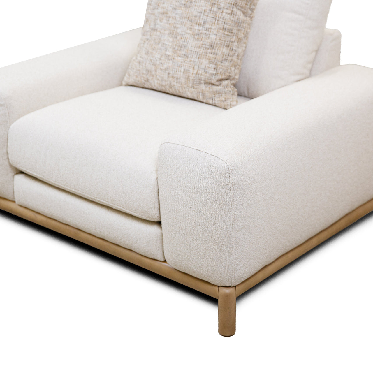 Front view of the Mylo Modern Accent Chair in cream bouclé featuring a low-profile silhouette and light oak wood base