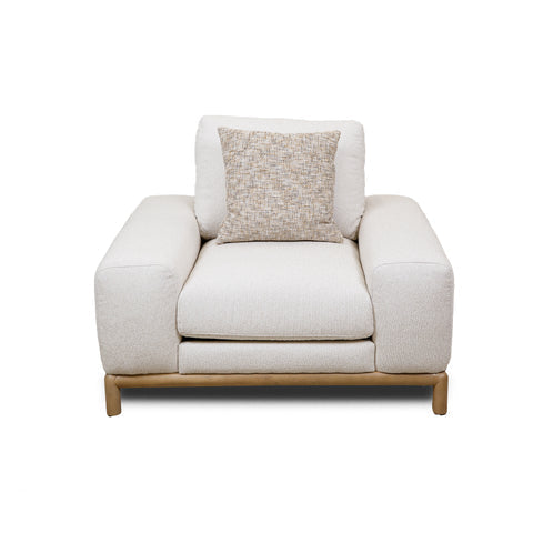 Front view of the Mylo Modern Accent Chair in cream bouclé featuring a low-profile silhouette and light oak wood base