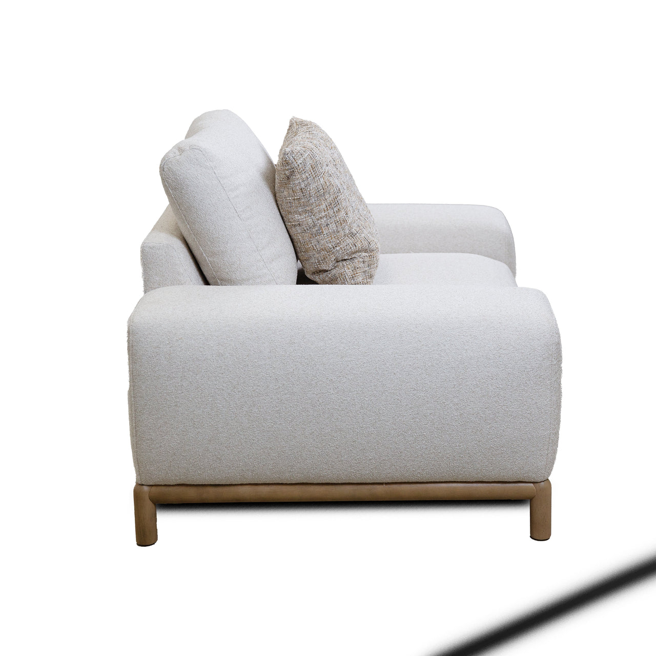Front view of the Mylo Modern Accent Chair in cream bouclé featuring a low-profile silhouette and light oak wood base