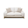 Front view of the Mylo Modern Comfort Loveseat in cream boucle fabric with two throw pillows and a natural wood base