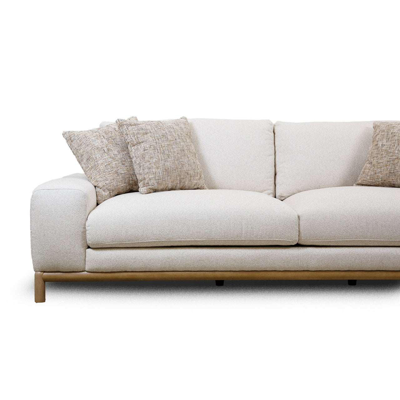Front view of Mylo 3-seater cream sofa with wood base