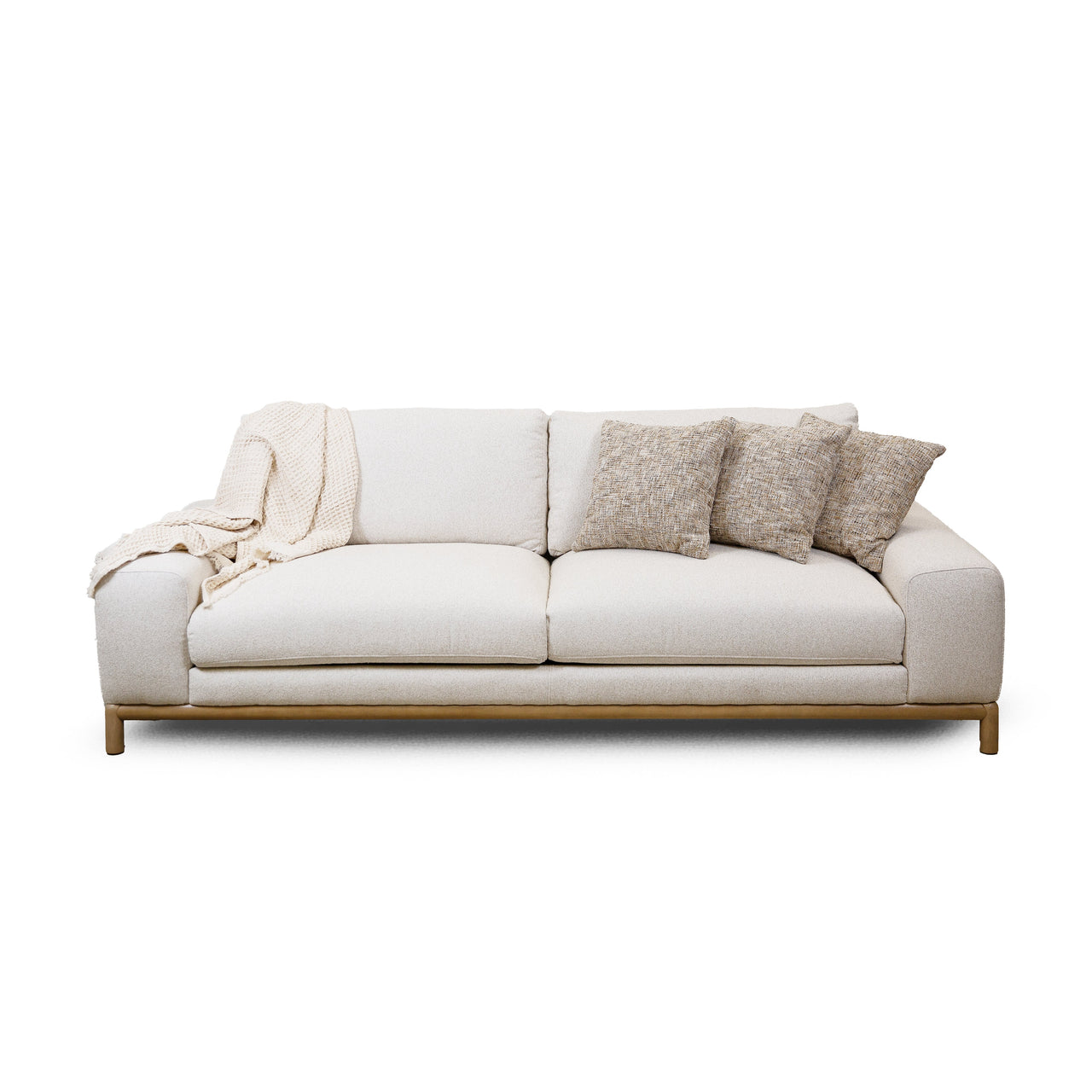 Front view of Mylo 3-seater cream sofa with wood base