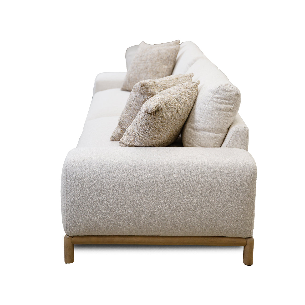 Front view of Mylo 4-seater cream sofa with wood base