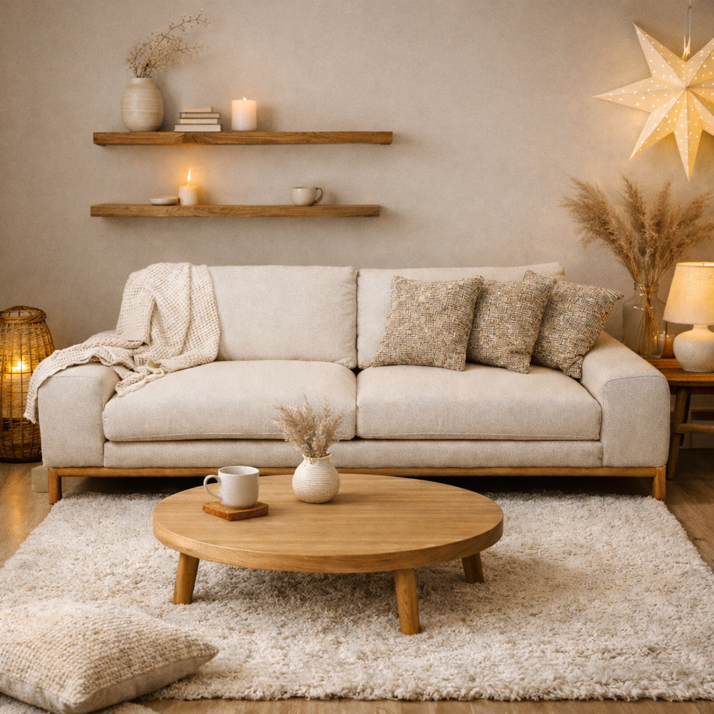 Front view of Mylo 4-seater cream sofa with wood base
