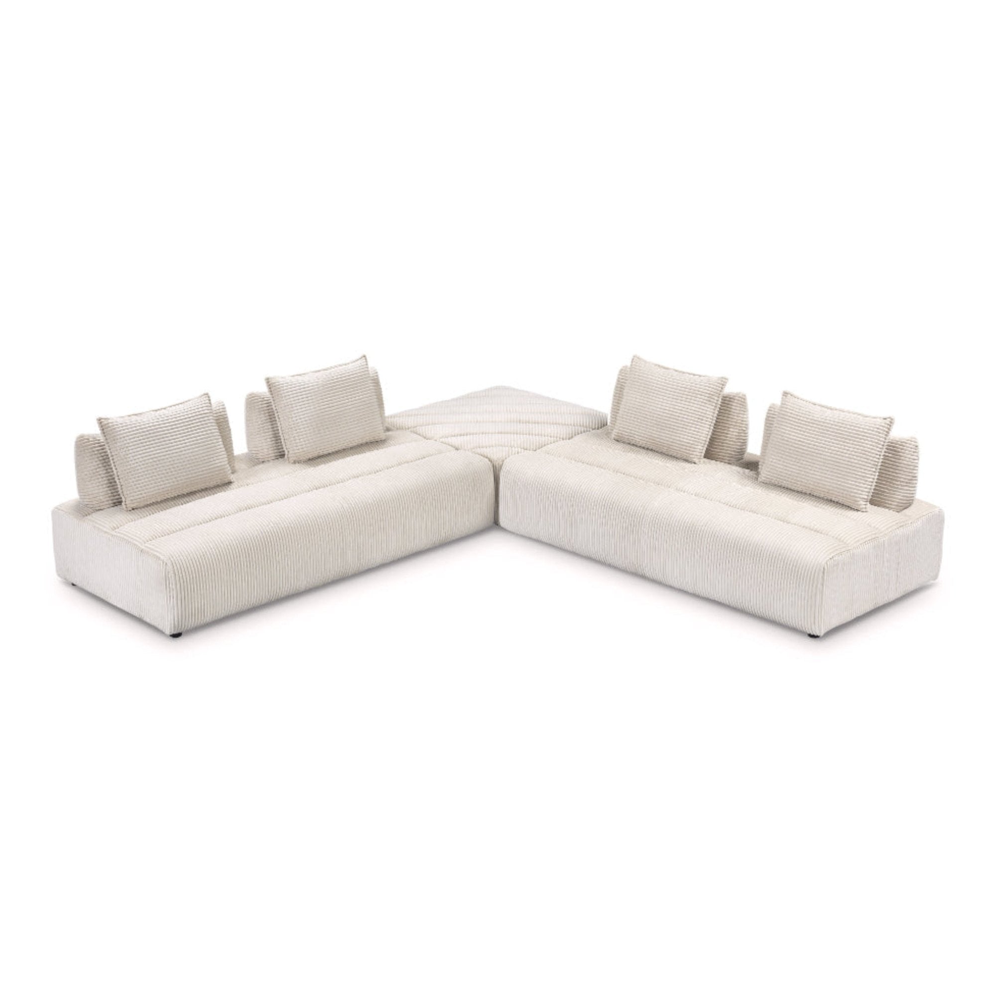 Front perspective view of the Nami 3 Piece Modular Sectional in cream corduroy fabric with four matching back pillows