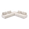 Front perspective view of the Nami 3 Piece Modular Sectional in cream corduroy fabric with four matching back pillows