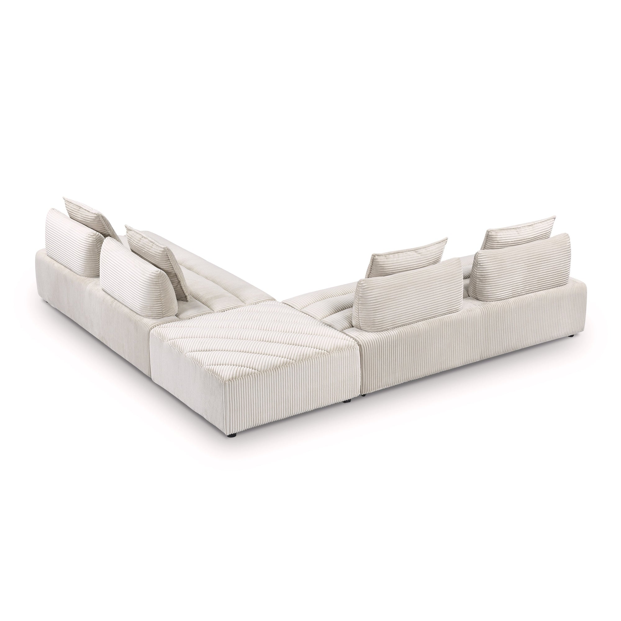 Front perspective view of the Nami 3 Piece Modular Sectional in cream corduroy fabric with four matching back pillows