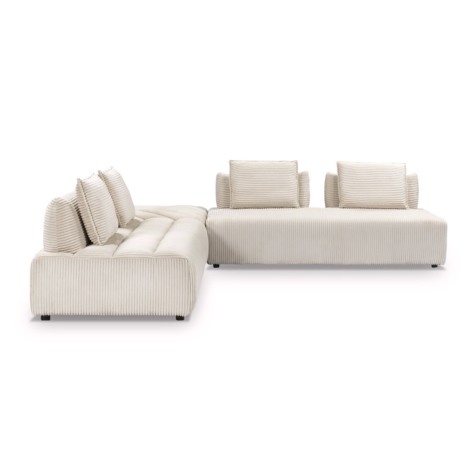 Front perspective view of the Nami 3 Piece Modular Sectional in cream corduroy fabric with four matching back pillows