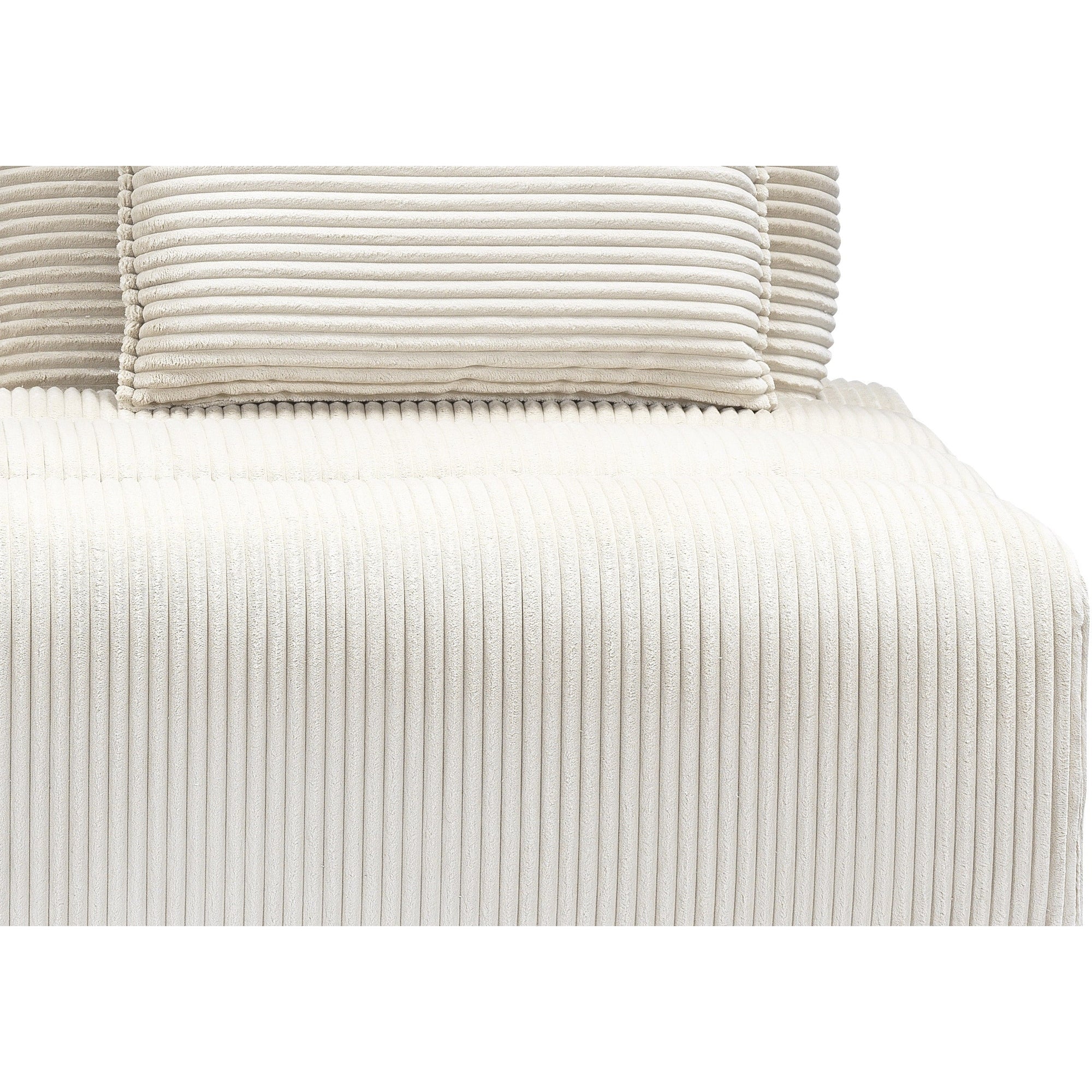 Front perspective view of the Nami 3 Piece Modular Sectional in cream corduroy fabric with four matching back pillows