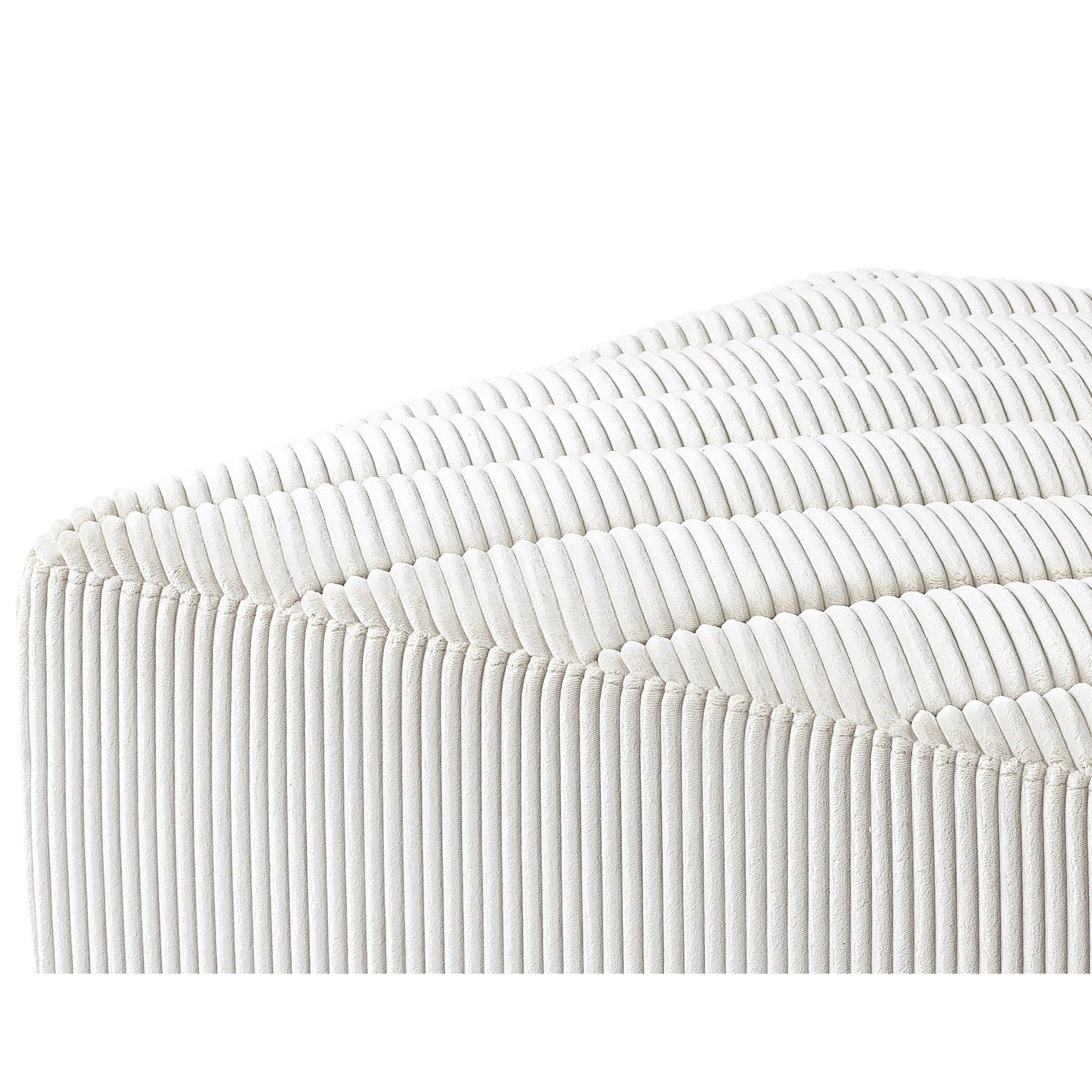Front perspective view of the Nami 3 Piece Modular Sectional in cream corduroy fabric with four matching back pillows