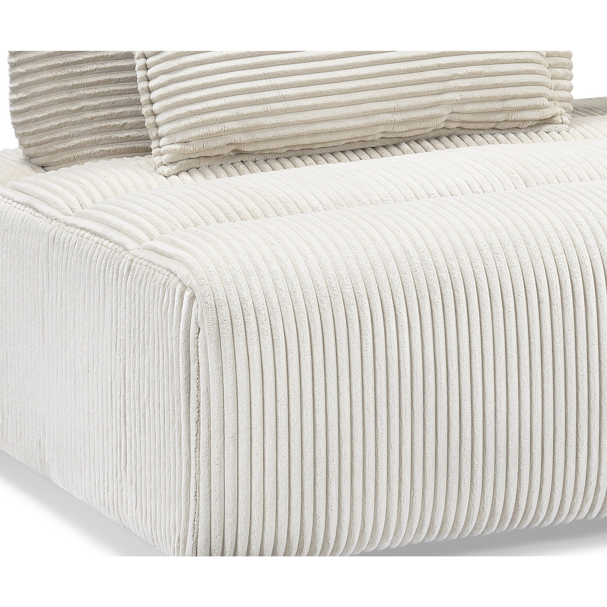 Front perspective view of the Nami 3 Piece Modular Sectional in cream corduroy fabric with four matching back pillows