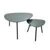Perspective view showing the smaller table partially nested beneath the larger charcoal grey outdoor coffee table
