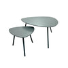 Front view of the Naples outdoor nesting coffee table set in charcoal grey featuring two organic triangular tabletops