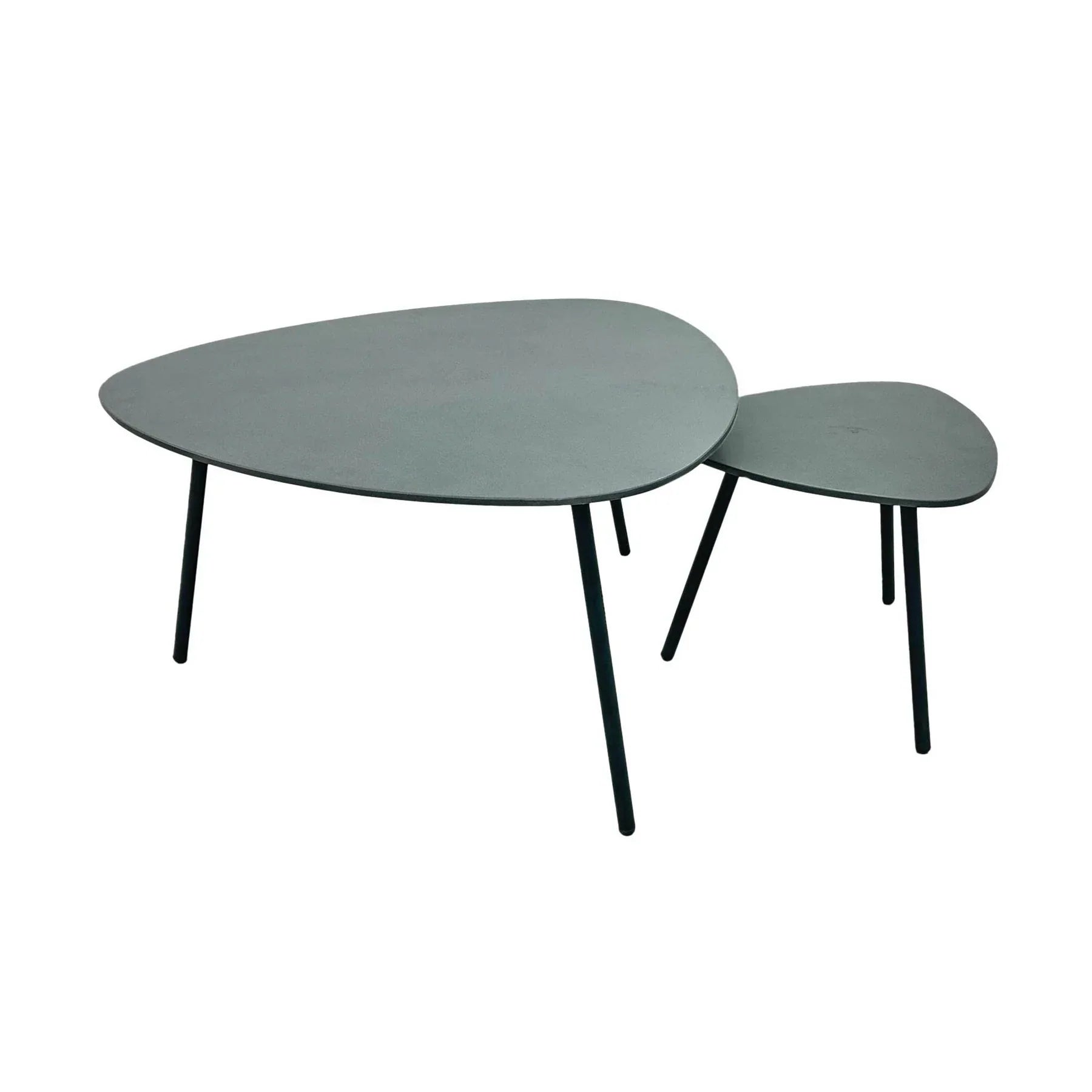 Staggered view of the Naples nesting set demonstrating how the two tables can be separated to expand surface area