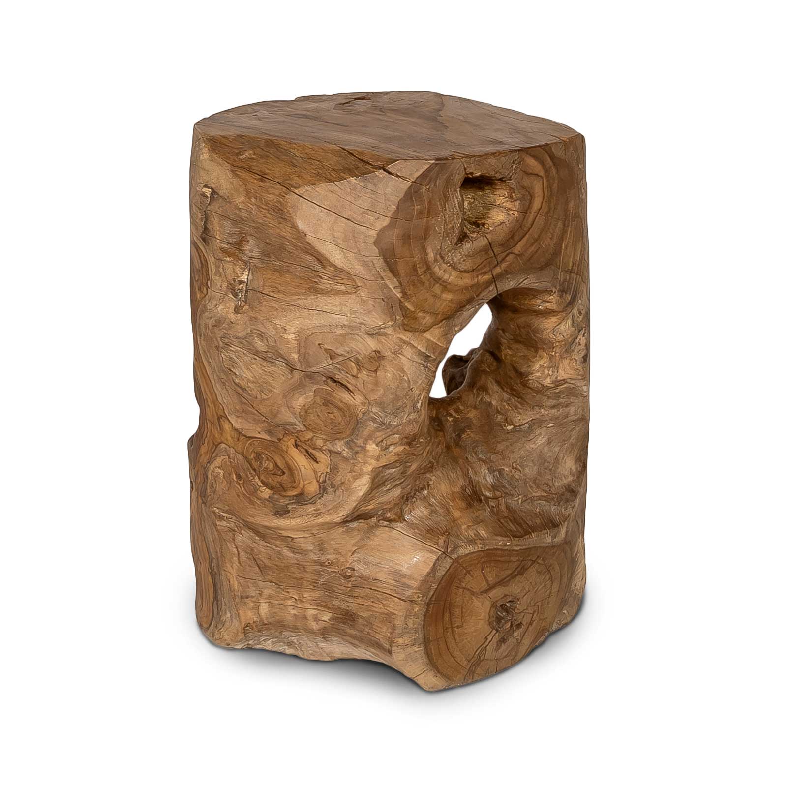Three-quarter view of the 21-inch Natura Opus accent table showcasing its unique reclaimed teak root form and natural wood knots