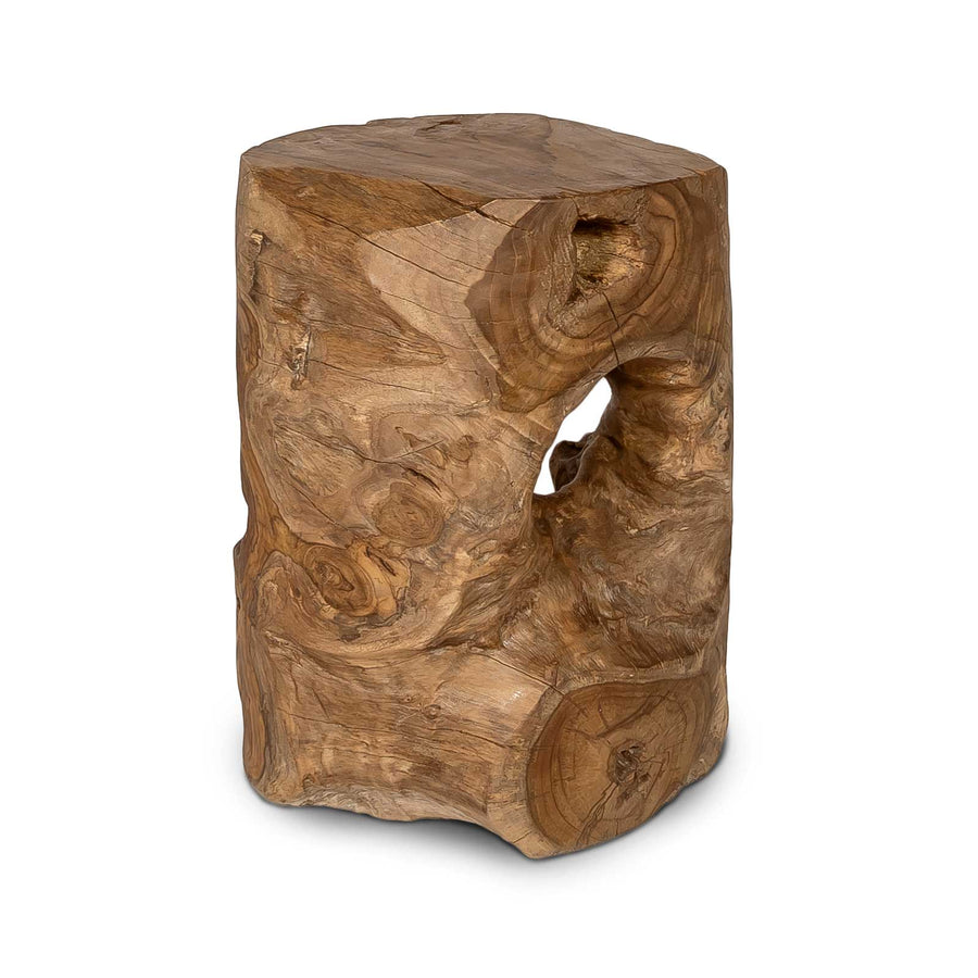Three-quarter view of the 21-inch Natura Opus accent table showcasing its unique reclaimed teak root form and natural wood knots