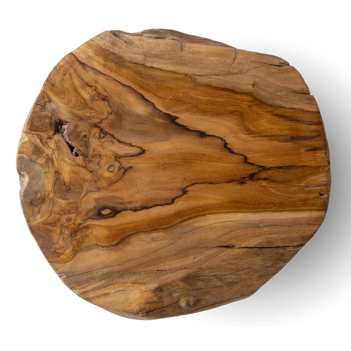 Three-quarter view of the 21-inch Natura Opus accent table showcasing its unique reclaimed teak root form and natural wood knots