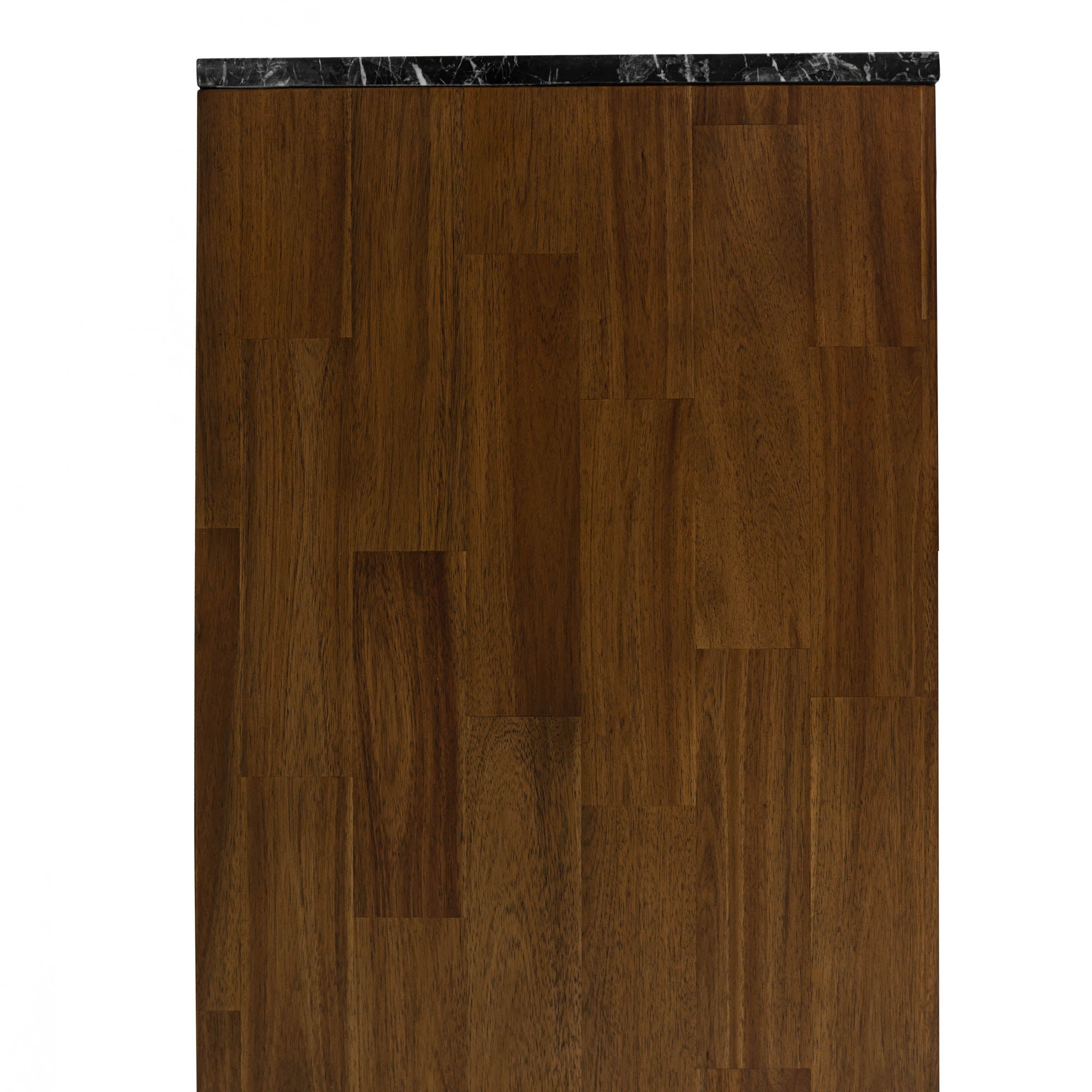 Straight-on front view highlighting the symmetrical wood grain patterns across the three storage doors and the slim gold handles