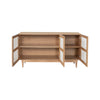 Front view with all cabinet doors open revealing a spacious natural wood interior with fixed internal storage shelving