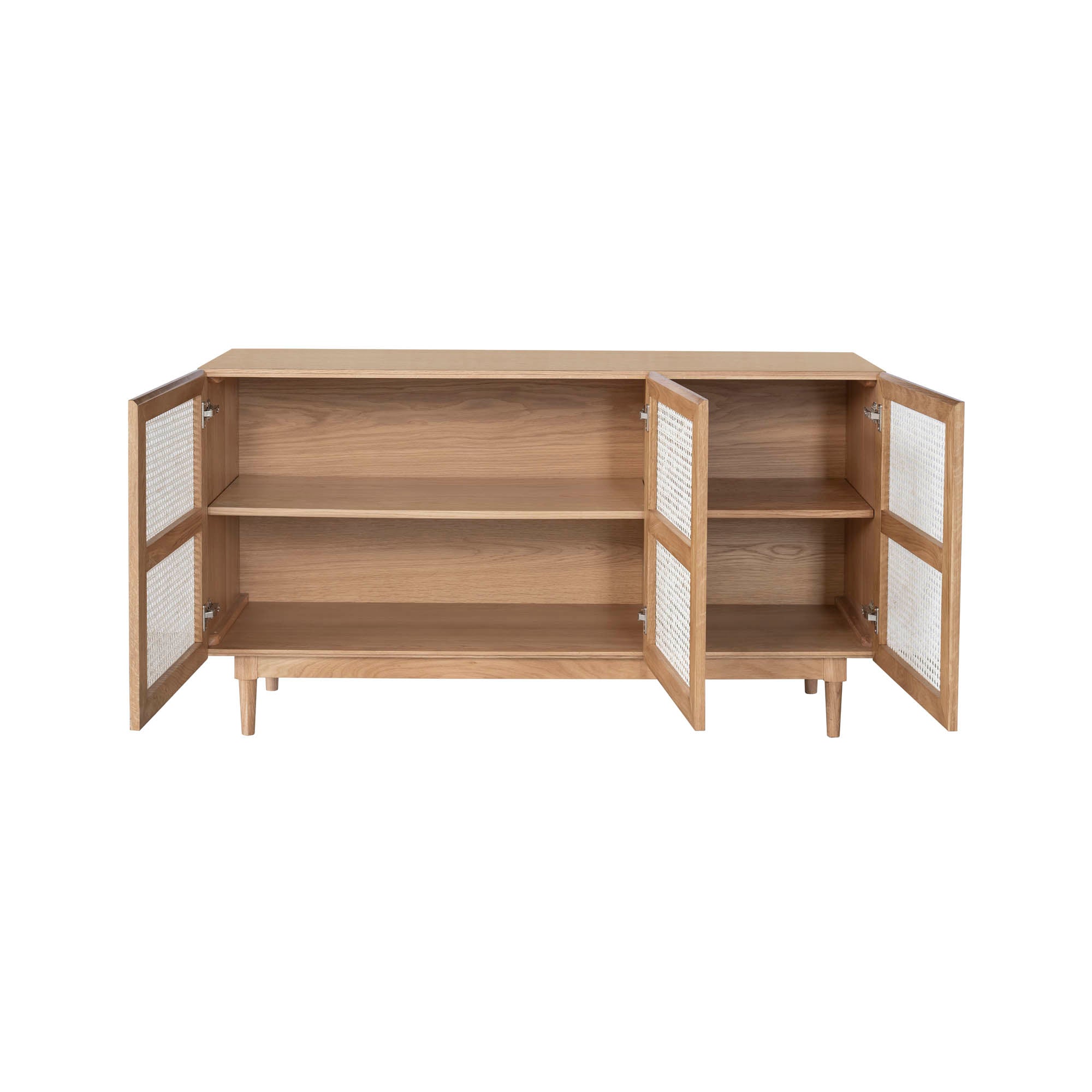 Straight-on front view of the Cane sideboard featuring a light natural oak frame and three woven rattan door panels