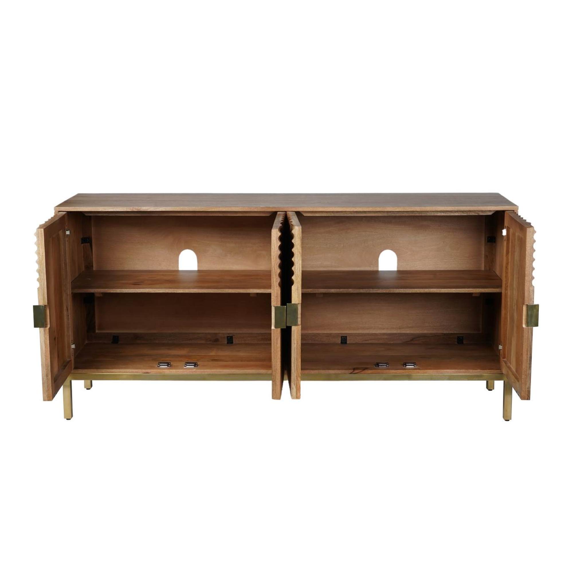 Front view of the Asher accent cabinet featuring rich natural mango wood construction with two large symmetrical arched carved door designs and a slim gold metal base