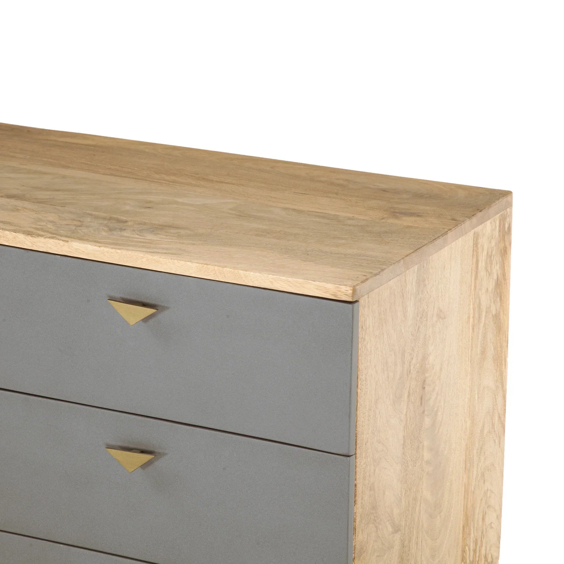 Three-quarter perspective view of the London sideboard featuring a chevron wood pattern combined with solid grey panels and gold tapered legs
