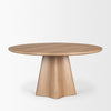High-angle perspective view of the Jovani table in its light natural wood finish variant showcasing its sculptural pedestal