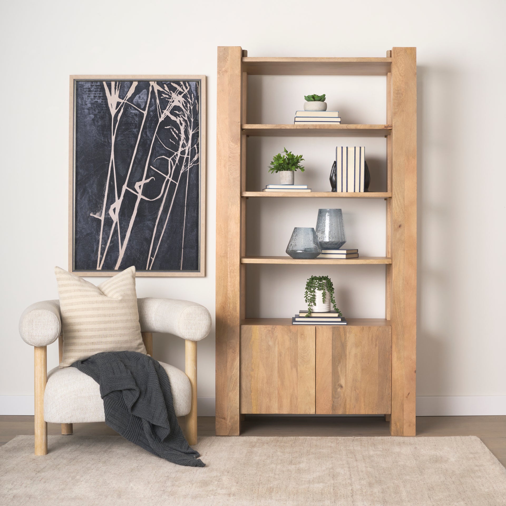 Straight-on front view highlighting the architectural vertical pillars and symmetrical open shelving
