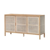 Three-quarter perspective view of the Rattan 3-door sideboard featuring a light natural wood frame and intricate woven rattan door inserts