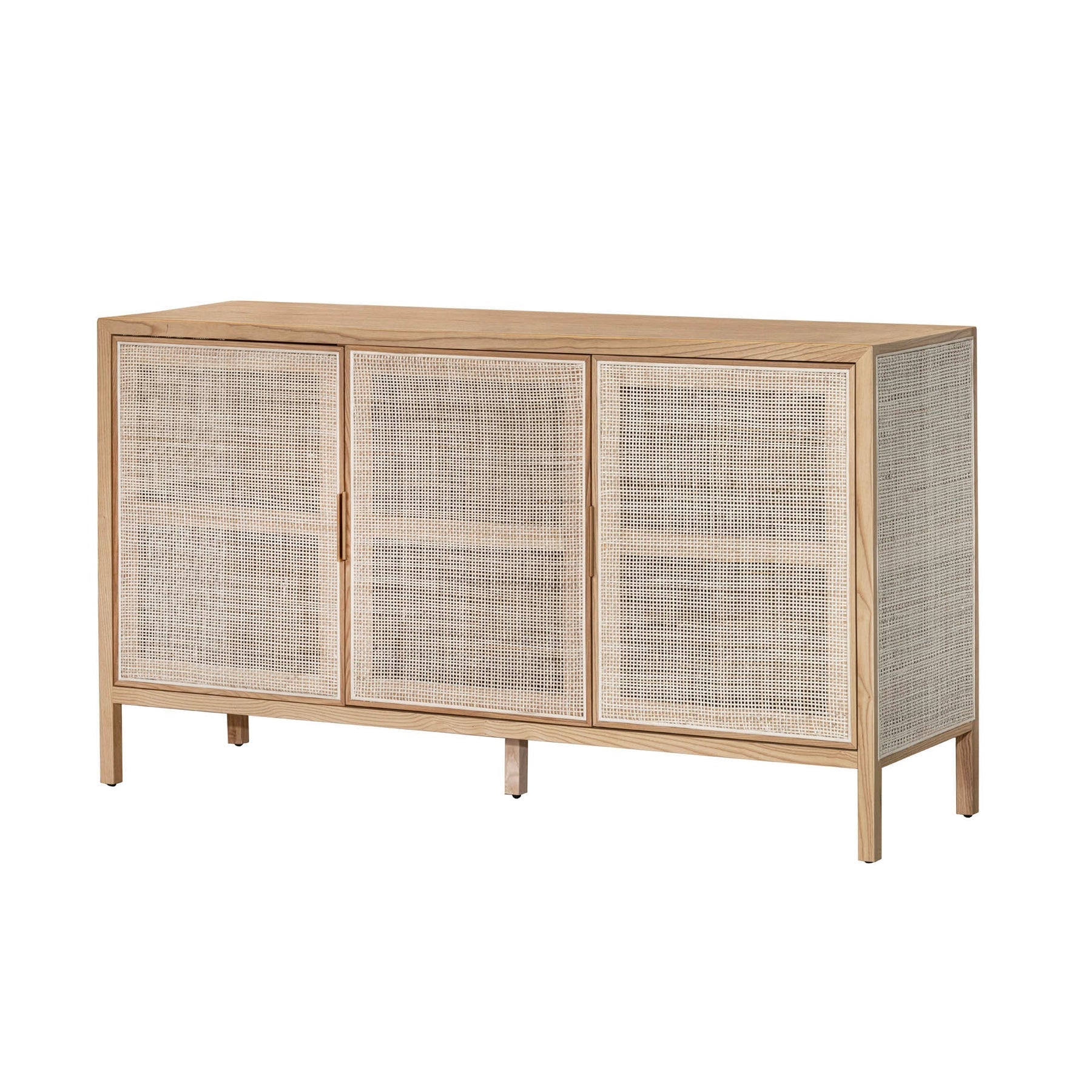 Straight-on front view highlighting the symmetrical three-door layout and the organic texture of the light-toned rattan panels