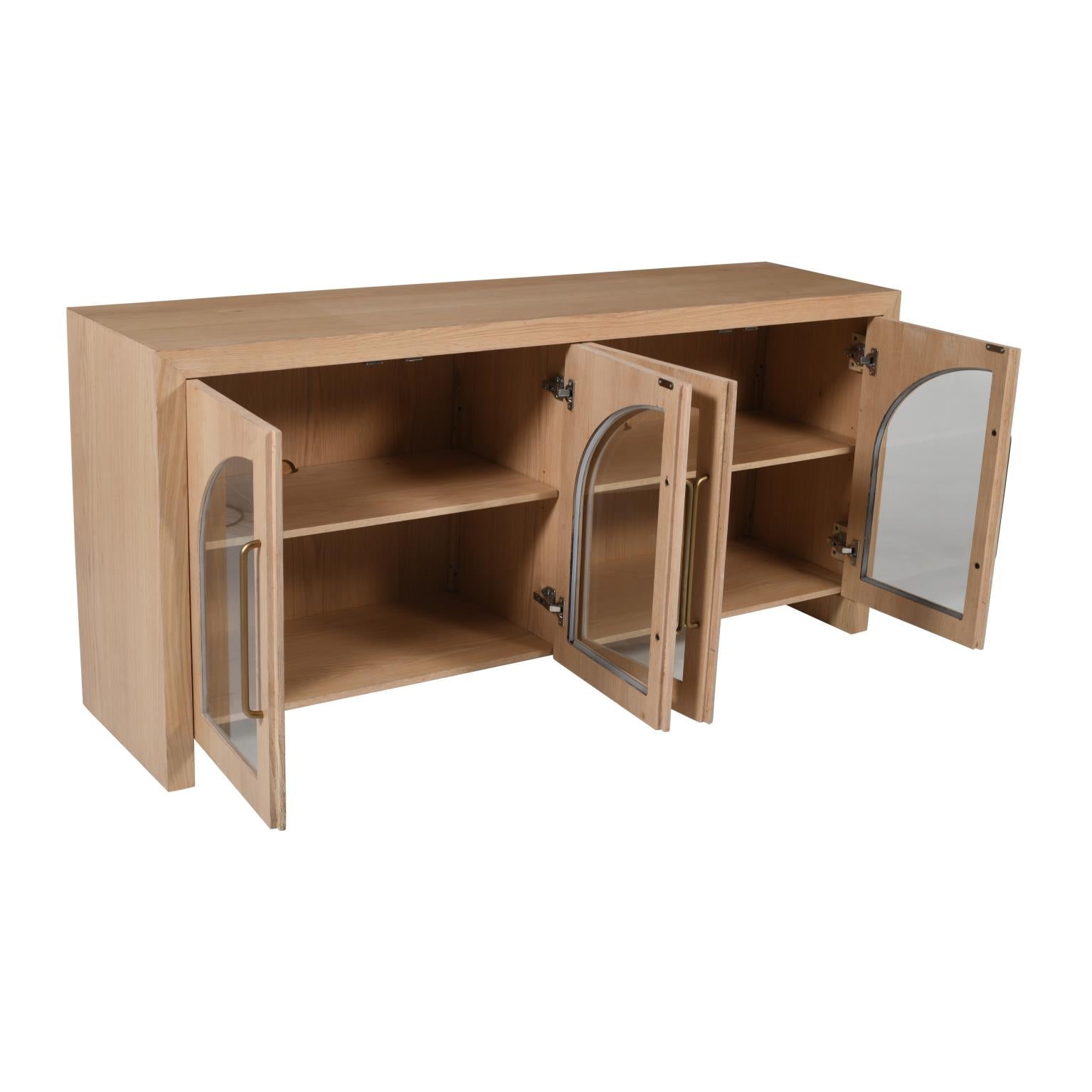 Three-quarter perspective view of the Archimedes 60-inch console featuring natural oak wood construction, four arched glass doors, and elegant long gold handles