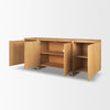 Perspective view with doors open on the natural oak sideboard highlighting the internal wood finish and storage capacity