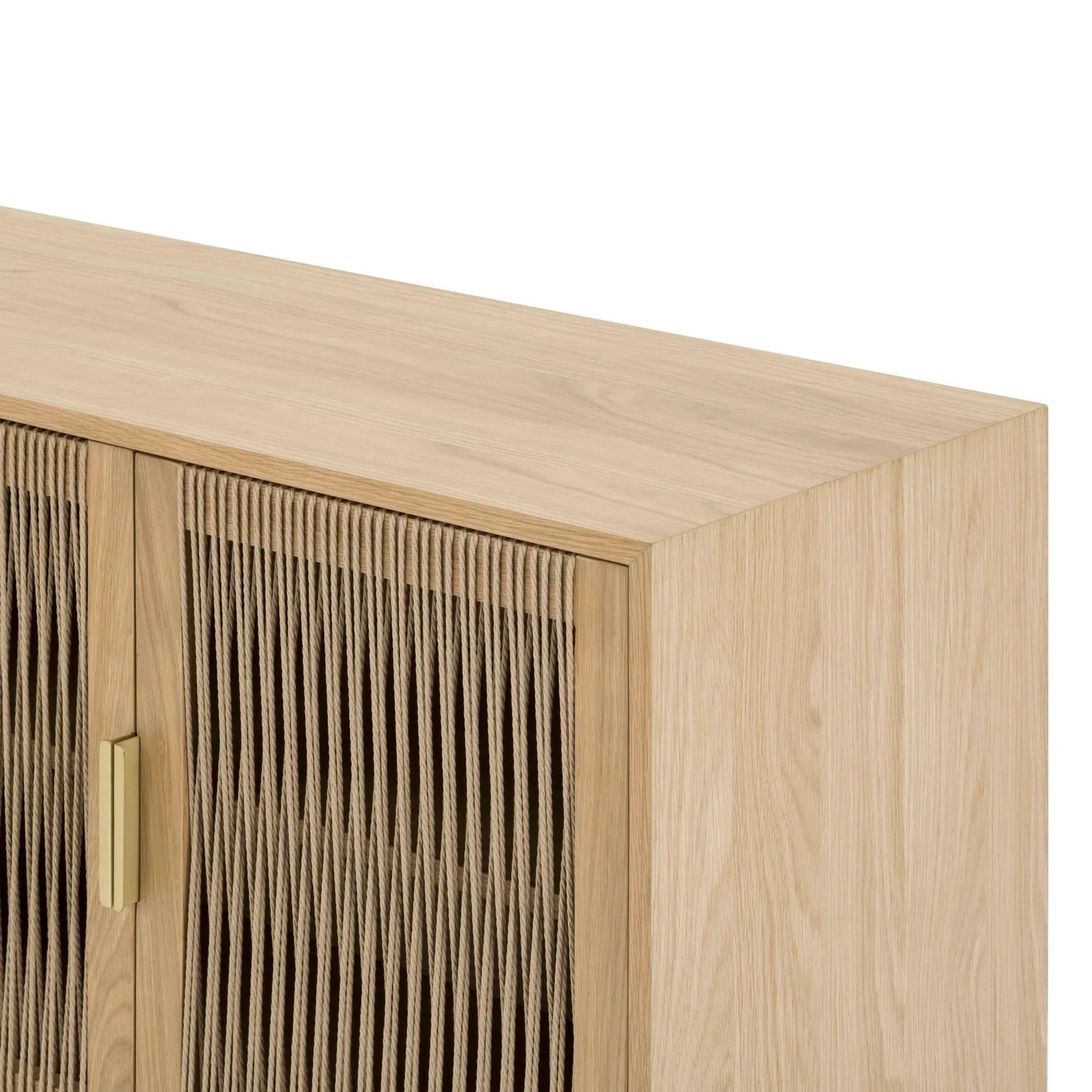 Front perspective view of the Lumina 4-door sideboard featuring a light oak wood frame, fluted glass door panels, and elegant vertical gold metal handles