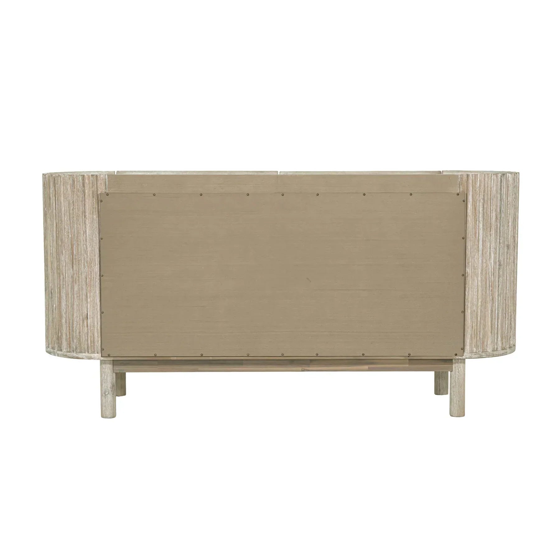 Front perspective view of the Oasis 4-door sideboard featuring a light oak finish, rounded corners, and vertical matte black metal handles