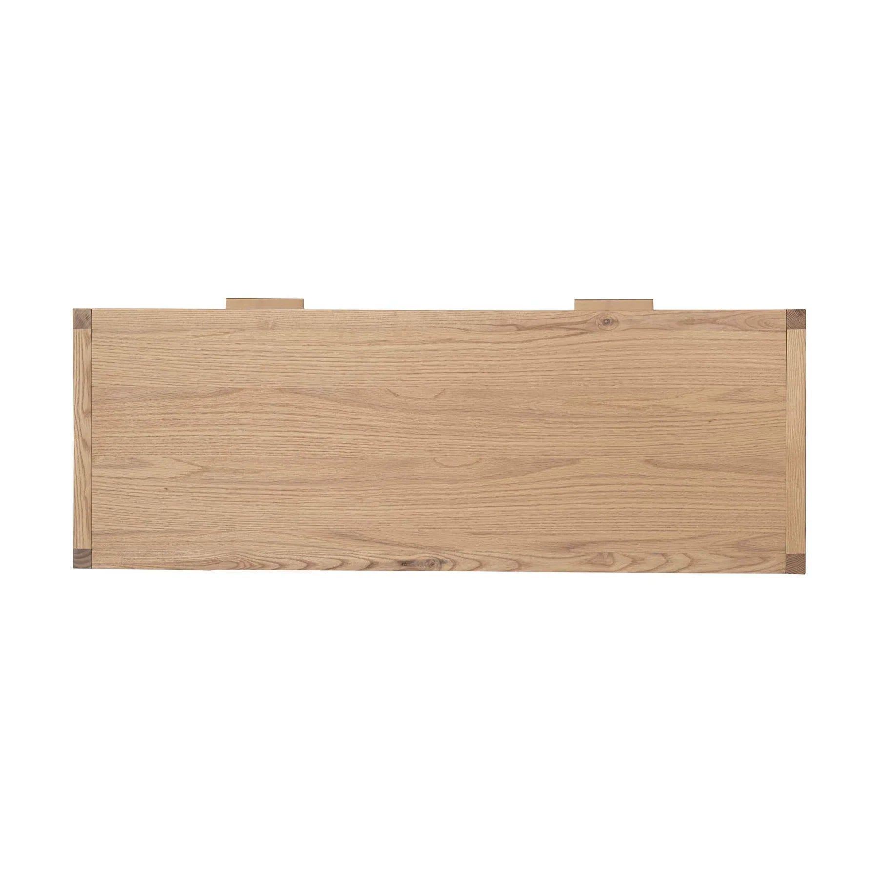 Straight-on front view of a minimalist natural oak console table featuring two drawers with light-colored woven rattan cane inserts