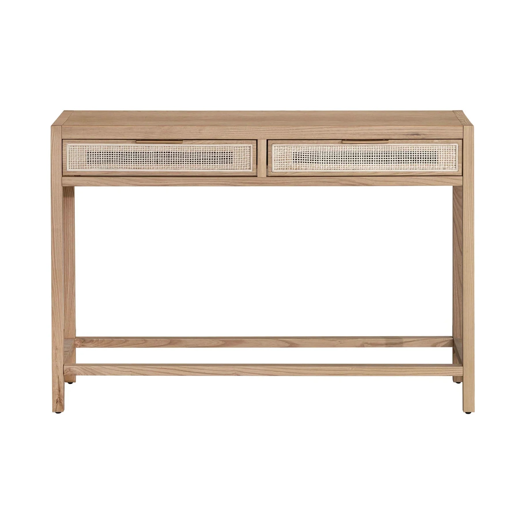Straight-on front view of a minimalist natural oak console table featuring two drawers with light-colored woven rattan cane inserts
