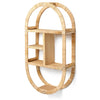 Perspective view of an oval-shaped wall shelf crafted from natural rattan featuring an arched top and bottom with four asymmetrical woven compartments