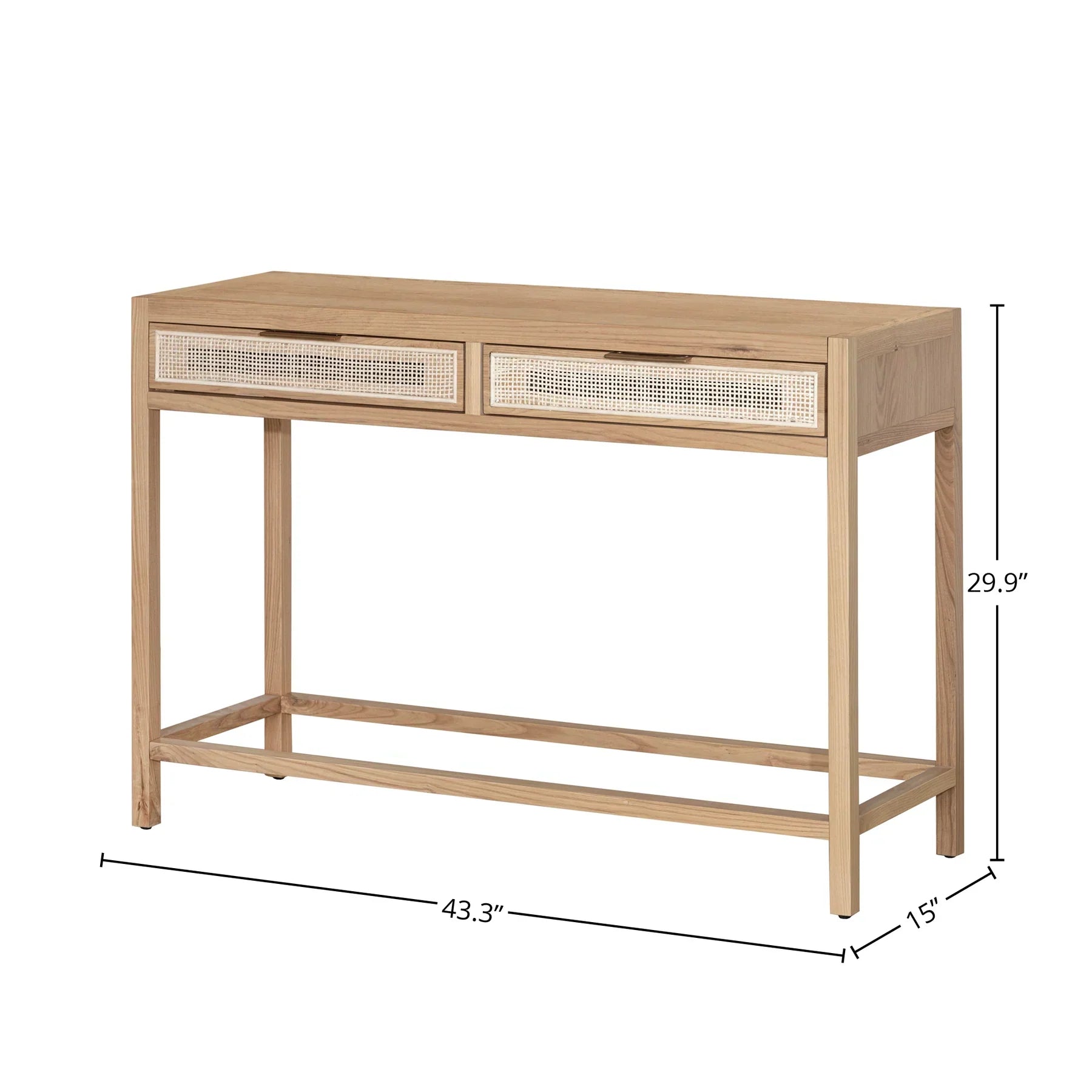 Straight-on front view of a minimalist natural oak console table featuring two drawers with light-colored woven rattan cane inserts