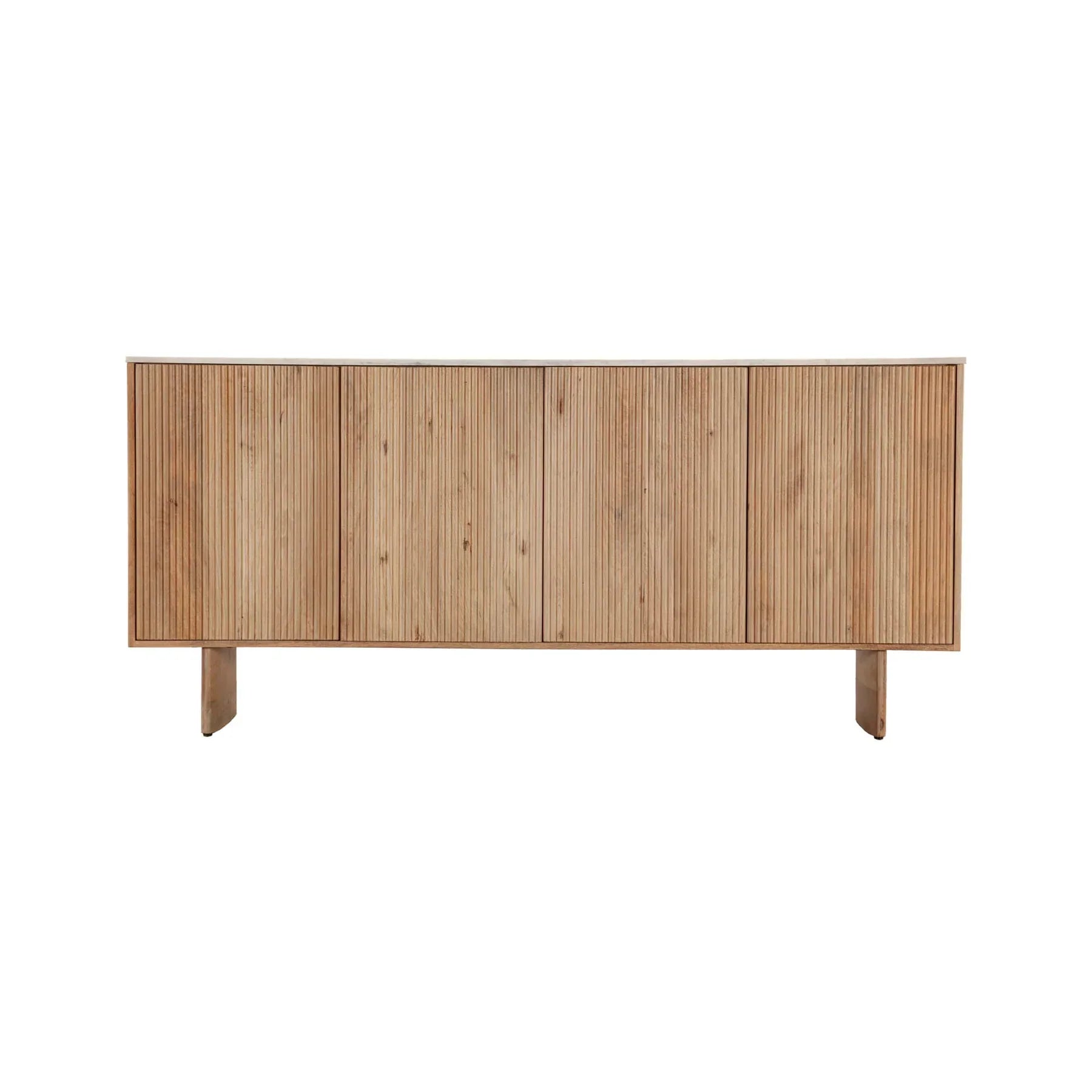 Front perspective view of the Hedron sideboard featuring vertical fluted oak wood panels and a white marble top surface