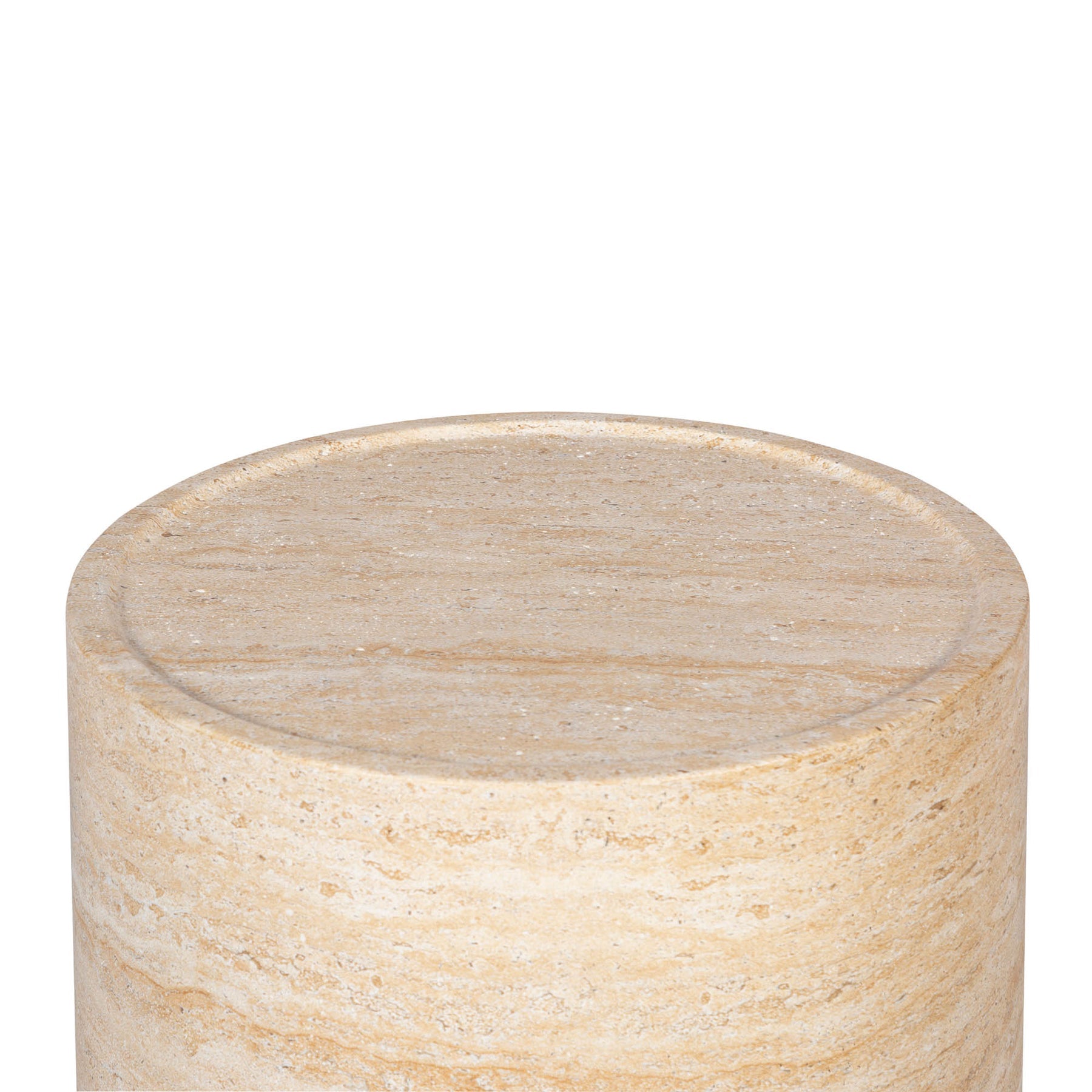 Front view of the Zac side table featuring a solid cylindrical drum silhouette crafted from natural beige travertine stone