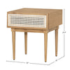 Product view highlighting the 20 inch width and 20.9 inch height dimensions of the oak and rattan accent table