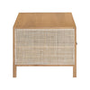 Direct side profile focusing on the rectangular silhouette and the textured rattan inlay within the wooden frame