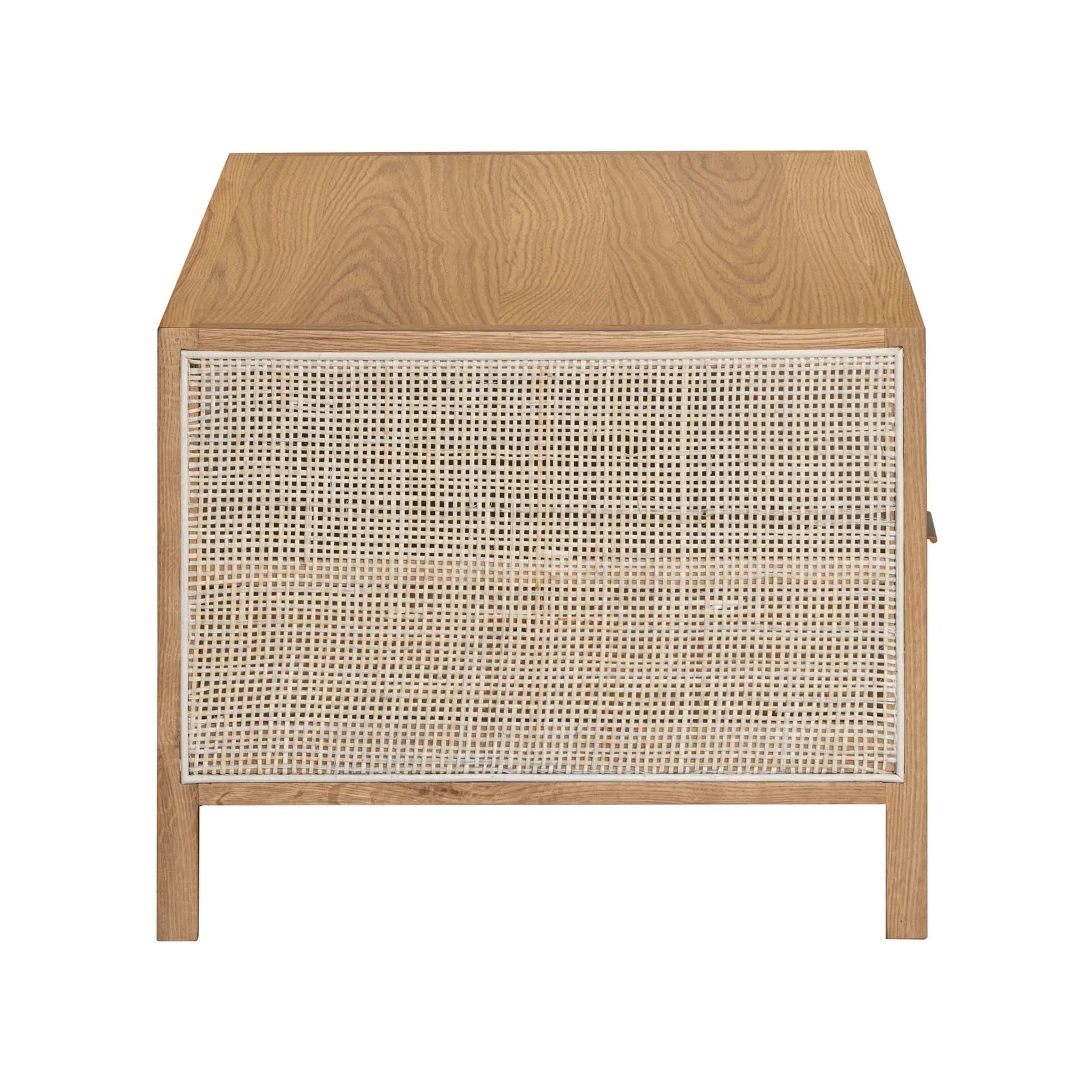 Perspective shot showcasing the light oak finish and the wrap-around woven rattan panels on the side of the table