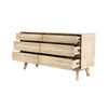 Perspective view with three drawers open showcasing the smooth black metal side glides and spacious internal storage
