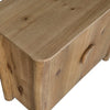 Close-up shot focusing on the warm natural oak wood grain and the rounded edge profile of the sideboard top