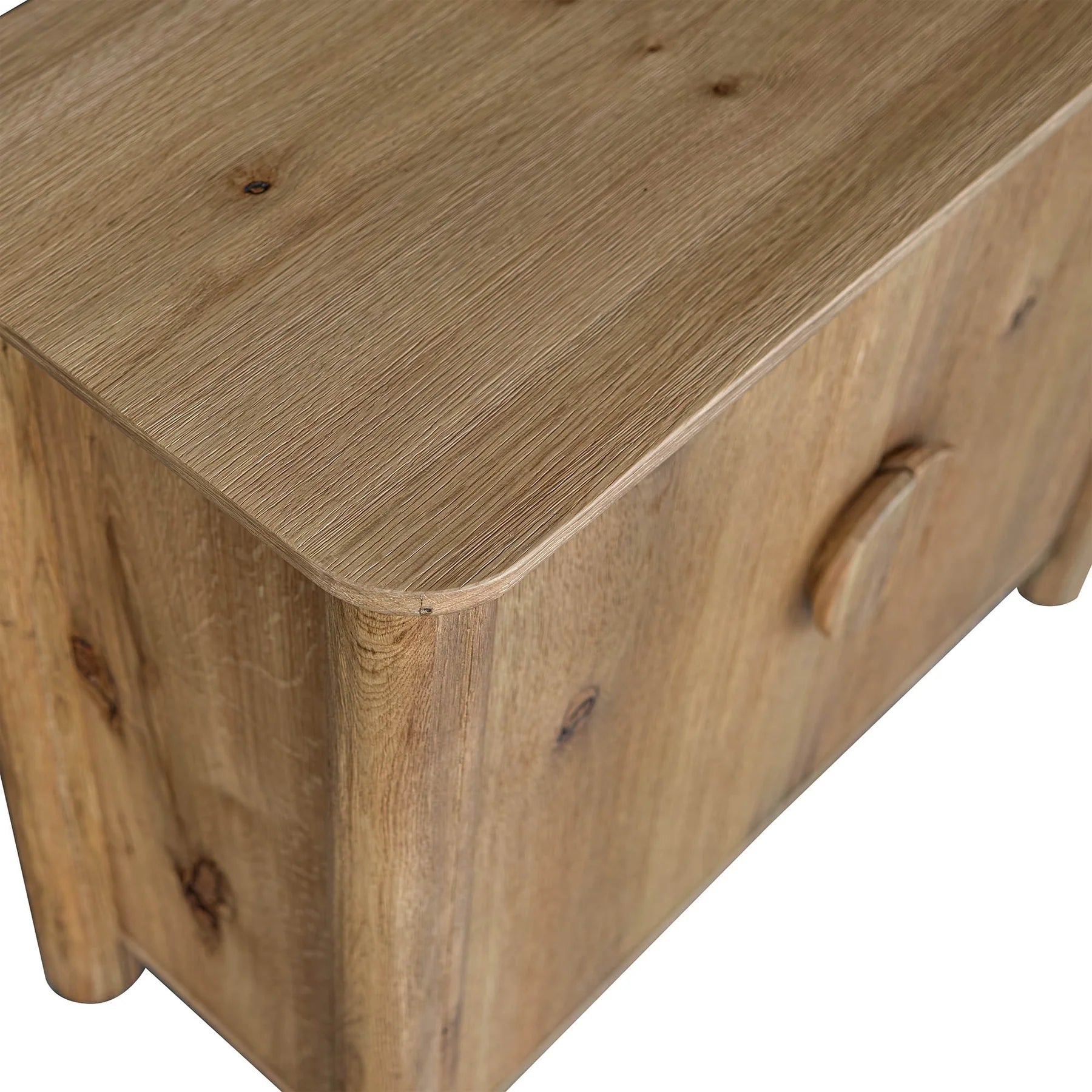 Front view of the Jasper small sideboard featuring natural oak wood construction and two cabinet doors with large circular integrated handles