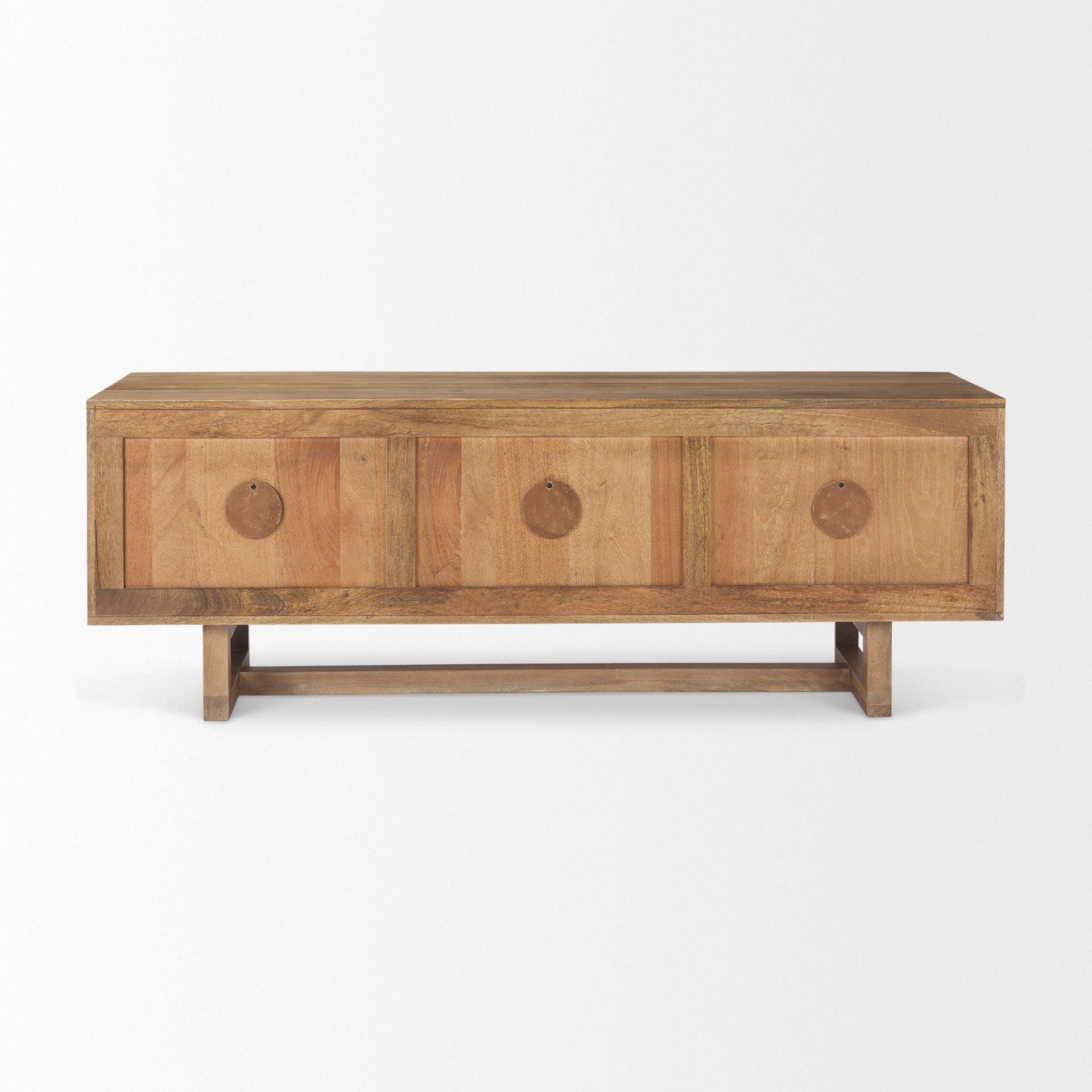 Rear view of the light wood media console highlighting the clean back panel and circular cable management cutouts