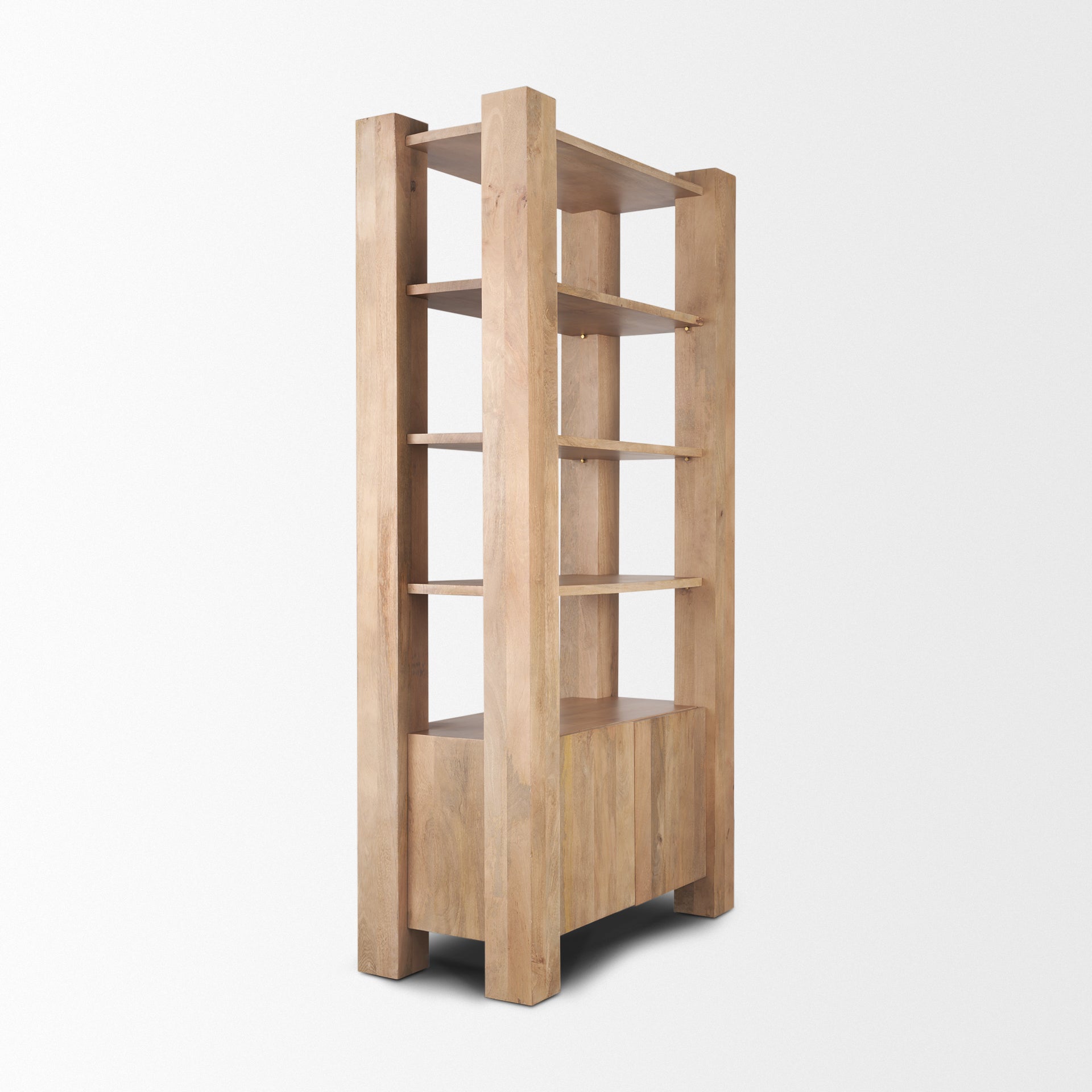 Straight-on front view highlighting the architectural vertical pillars and symmetrical open shelving